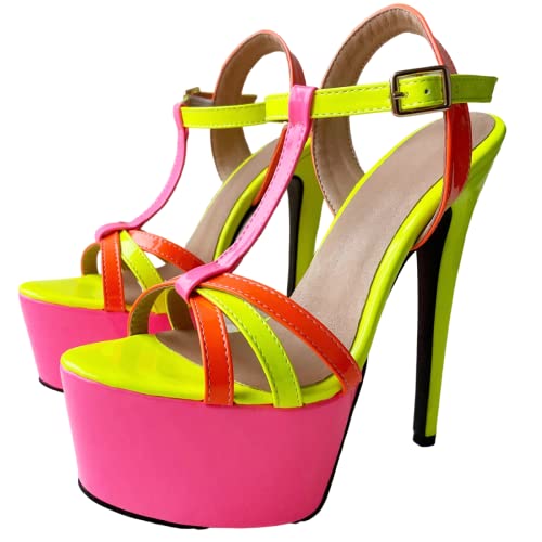 Frankie Hsu Sexy Stiletto Platform T-Strap High Heeled Sandals, Fashion Neon Colorful Fluorescent Pink Orange Yellow Party Style, Big Large Size Designer Shoes For Women Men
