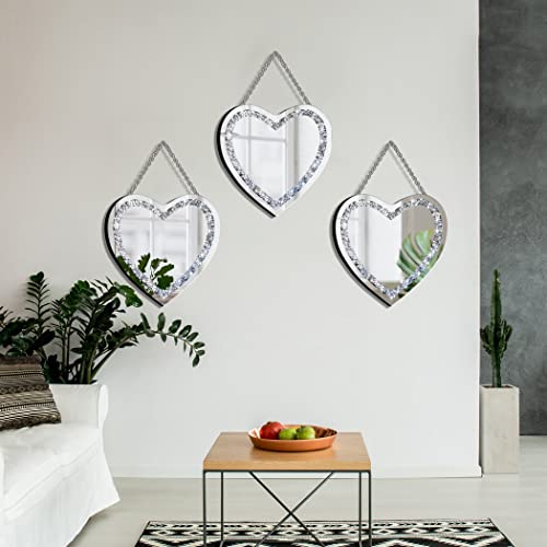 Dmdfirst Crystal Crush Diamond Heart Shaped Silver Mirror With Silver Stainless Steel Chain For Wall Decoration 12X12X0.5 Inch Wall Hang Frameless Mirror Glass Diamond Decor Glam Mirror #TOP4