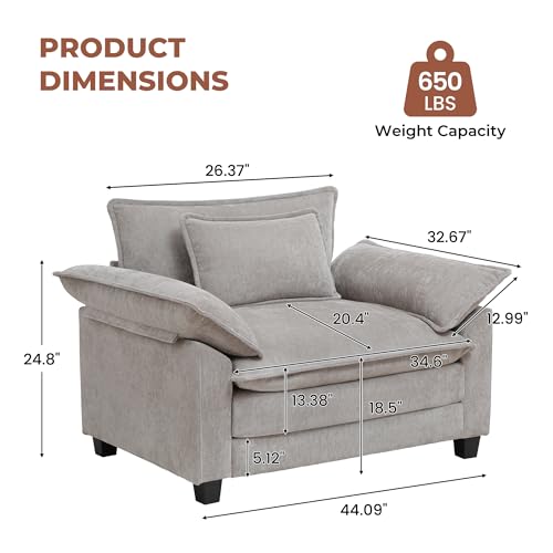 Image of Oversized Accent Chair for Living Room,44 inchModern Chenille Cloud Sofa Chair with Deep Seat,Upholstered Armchair with Extra Thick,Comfy Accent Chair Reading Chair for Bedroom Apartment Lightgrey