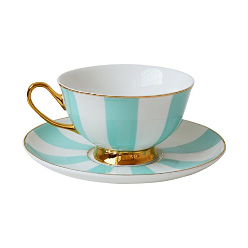 Bombay Duck - Taza de té y platillo con diseño de rayas, color blanco y dorado