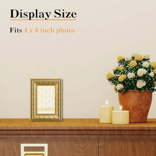 Image of VIOLABBEY 4x6 Picture Frame Gold, Vintage Photo Frame | Small Antique Ornate Frame, Wall or Tabletop Display, Classic Design for Home Office Decor, Fits 4x6 Pictures