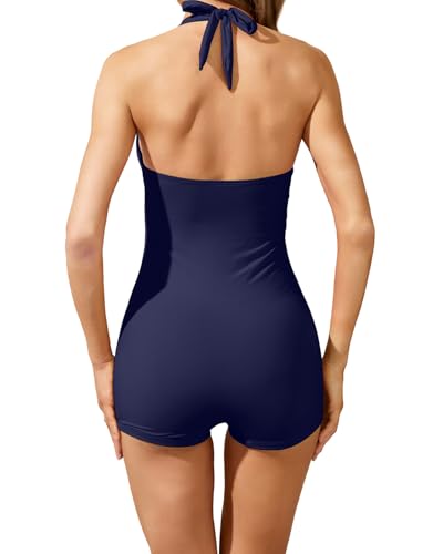 Image of Tempt Me Women Tummy Control One Piece Swimsuits with Shorts Boyleg Retro Bathing Suit Halter Swimwear