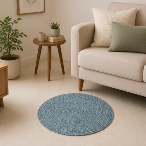 Image of Handmade Cotton Braided 2x2 feet Doormat Rug - Washable, Low Pile Reversible Floor Mat for Bedroom, Kitchen, Entryway & Living Room - Eco-Friendly Woven Carpet - (Multi Green, Round)