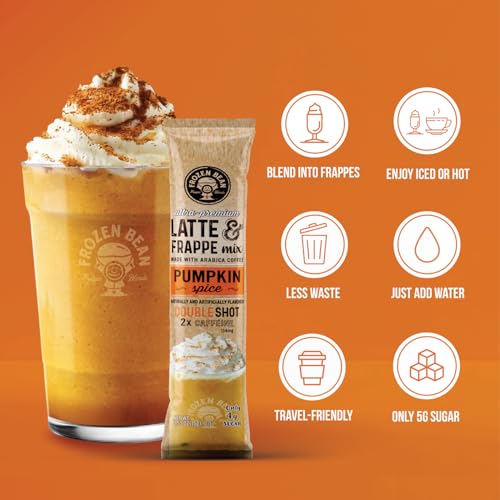 Image of The Frozen Bean Pumpkin Spice Frappe & Latte Instant Mix (20 Sticks), Made with Arabica Coffee, Double Shot Caffeine, Low Sugar & Premium Ingredients, Hot, Iced, or Blended Drinks