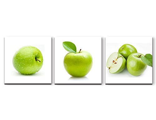 Green Apples Painting on Canvas 3 Panel Wall Decor Forming a Background Wall Art Prints Framed Ready to Hang-Modern Artwork Contemporary Pictures for Kitchen Dining Home Decoration(48''Wx16''H)