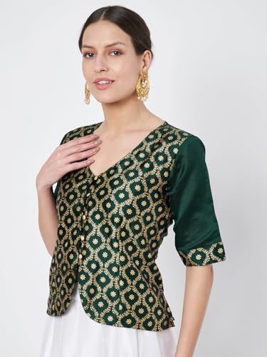 Image of studio rasa Women's Silk Blend Block Printed Button Down Readymade Top for Wedding Festive Party