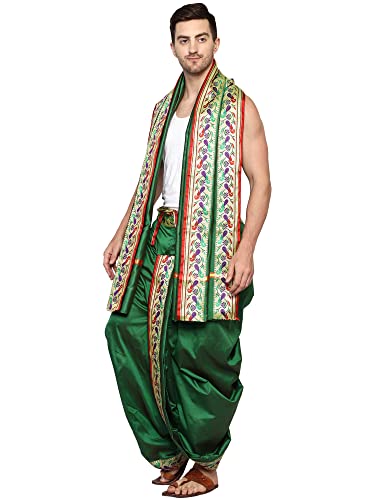 Image of Rameshwaram Fabrics Readymade Dhoti for Men, Velcro Style Stitched Mens Silk Dhoti Pant with Stole Set