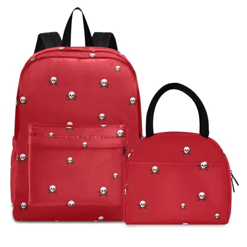 Skull on Red Print Backpack Set with Lunch Bag, Large Capacity Travel Backpacks and Lunch Box Insulated for Commute Hiking Picnic