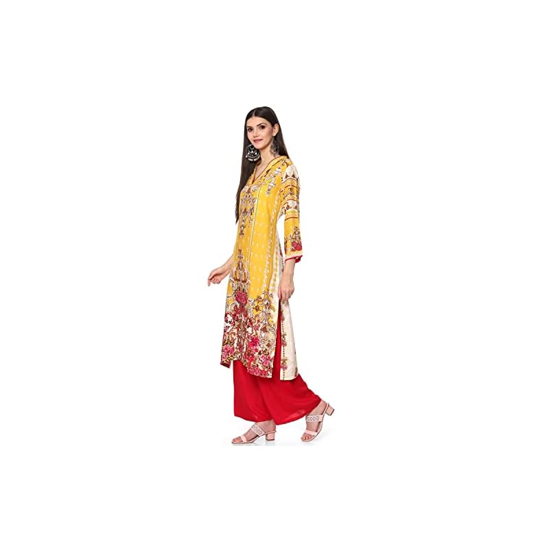 BIBA Women's Yellow Rayon Straight Printed Kurta - Image 3