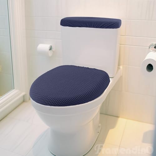 Framendino, Navy Blue Toilet Lid Cover and Tank Cover Stretch Toilet Covers Set With Elastic Bottom for Bathroom Decor