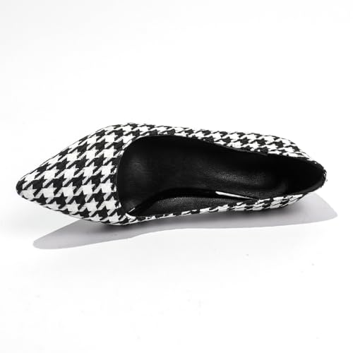 Women's Houndstooth Pattern Pumps, Block Heel, Pointed Toe, Black and White3