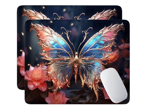 Alfombrilla de Ratón para Juegos 180x230x3 mm, 2 Pcs Alfombrilla Ratón Mariposa flor, Alfombrilla de Ratón de Sobremesa para Portátil, Alfombrilla de Ratón con Base de Goma Antideslizante Y-407