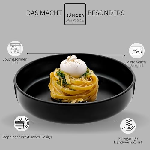 SÄNGER Madeira | Kombiservice 24 teilig, Steingut Geschirr Set 6 Personen, 6x Teller Set 6x Frühstücksteller 6x Tiefe Teller 6x Pastaschalen Geschirrset und Schale schwarz matt | VALUE COLLECTION