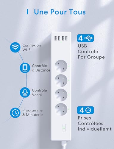 Multiprise connectée WiFi Meross Type E 16A avec 4 prises AC et 4 ports USB