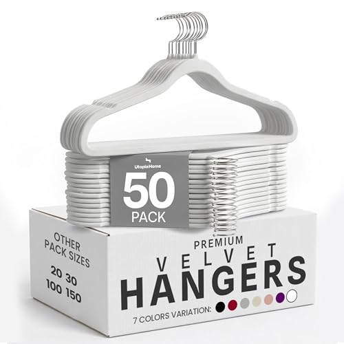 Image of Utopia Home Velvet Hangers, White, 50 Pack | Luxury Non-Slip Slim Pant & Coat Hangers, Strong Space-Saving Clothes Hangers with Pants Bar and 360 Swivel Hook