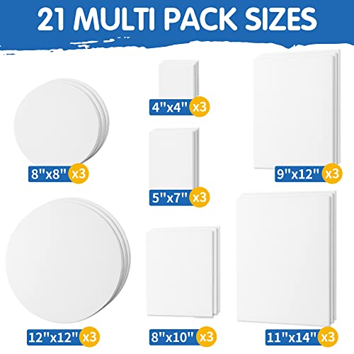 FIXSMITH 21 Pack Stretched Canvases, Multi Pack - 4x4, 5x7, 8x10, 9x12, 11x14, Round Canvas 12x12, 8x8 (3 of Each), 100% Cotton, Primed Canvases for Acrylic, Oil, Wet or Dry Art Media
