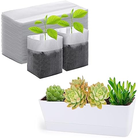GREANER 1 Pack 12x3.8 Inch Rectangle Window Box and 100PCS Nursery Growing Bags Large, 7.8x8.6 inches Biodegradable Non-Woven Fabric Seedling Grow Bag for Planting Seedling Cutting Clones Cover