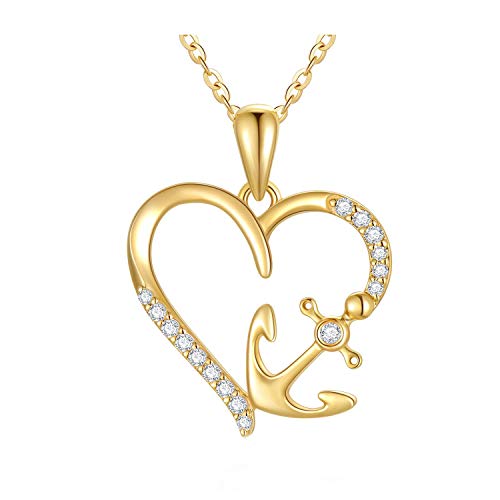 14K Gold Heart Necklace for Women Solid Nautical Anchor Pendant Necklace Love Heart Jewelry Anniversary Birthday Gifts for Her,16+2 Inch