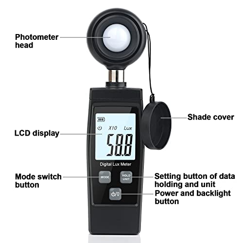 Light Meter, XRCLIF Handheld Lux Meter for Ambient Light Intensity Monitoring, Digital Photometer Range up to 200,000 Lux, Photo Illuminance Sensor with MAX/MIN Data Hold for Grow Plants Led