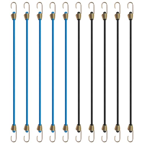NILLOS Elastic Bungee Cords, 10 PCS Black and Blue Elastic Rope Rubber Strap with Metal Hooks for Bikes, Wire Racks, Tents, Luggage (About 27cm/10.6in)