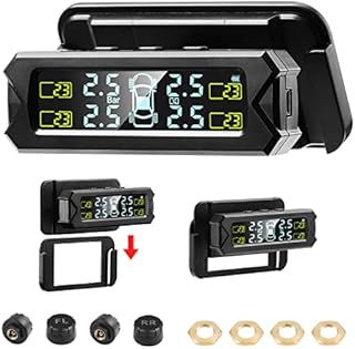 WonVon Tire Pressure Monitoring System Removable Installation on The Windshield Wireless Solar TPMS with 4 External Sensors Real-time Display Security Alarm