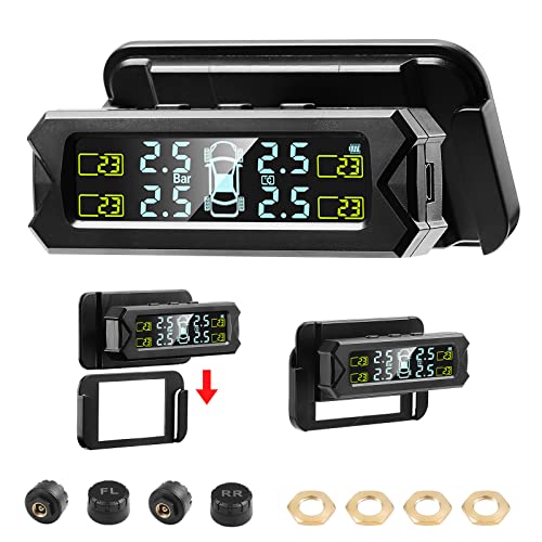 WonVon Tire Pressure Monitoring System Removable Installation on The Windshield Wireless Solar TPMS with 4 External Sensors Real-time Display Security Alarm
