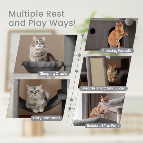 Image of SHA CERLIN 65in Larger Cat Tree Tower Condo for Indoor Kitties /Multi-Level Furniture Activity Center with Wide Base /Cozy Plush Cat Perches /Baskets /Sisal Scratching Posts and Hammock /Grey