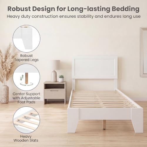 Image of GIANTEX Twin Size Wooden Bed Frame with Headboard, Wood Slat Support | Modern Platform Bed with Heavy Duty Mattress Foundation, Under-Bed Storage, No Box Spring Needed, Easy Assembly (White)