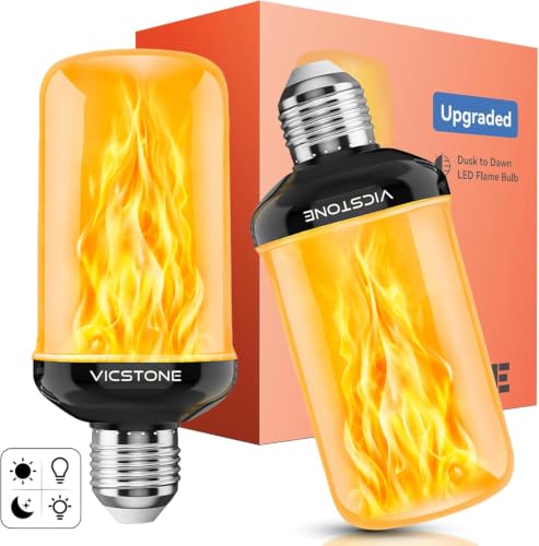 Vicstone Upgraded Dusk to Dawn LED Flame Light Bulbs Outdoor, 4 Modes Flickering Light Bulbs with Upside Down Effect, E26 Fire Bulb for Halloween Christmas Party Patio Porch Home Indoor Decorations, 2