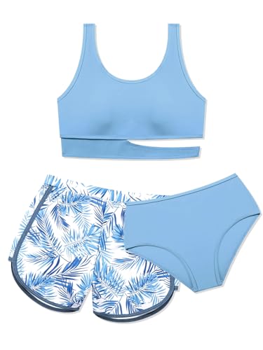 Image of Girls Swimsuit 3 Piece High Waist Sport Bathing Suit Quick Dry Bikini Tankini Sets with Shorts for 7-16