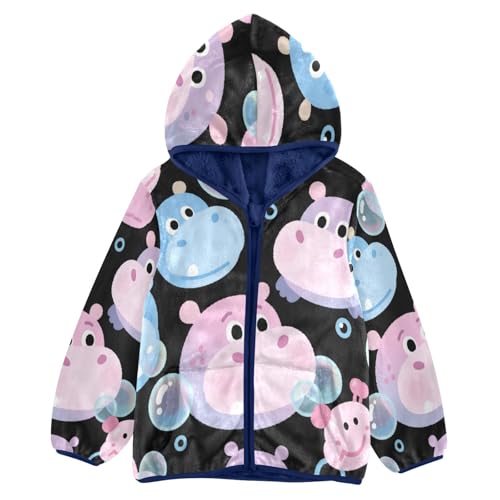 Cute Hippo Faces with Bubbles Toddler Fleece Jacket Girl Boys Hooded Fleece Jacket Coat Warm Outwear Zip-up 3-10T