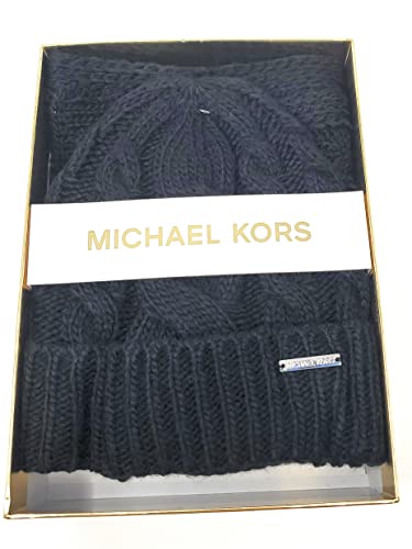 Michael Michael Kors Women's Cable Knit Scarf And Beanie Set In Gift Box, Black #TOP1