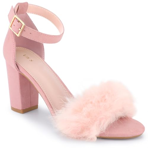 Perphy Fluffy Feather Heels Ankle Strap Chunky Fur Heels Sandal for Women Pink 6 UK/Label Size 8 US