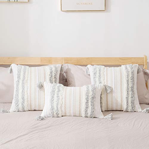 Decoruhome Set Of 2 Boho Decorative Throw Pillow Covers For Bed Bedroom Neutral Accent Cushion Cover Tufted Woven Pillow Case, 18X18, Light Grey #TOP1