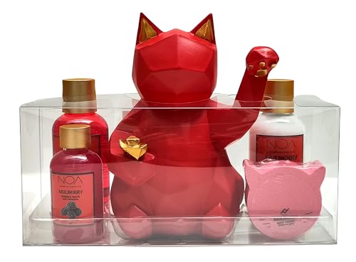 Set de baño Gato de la Fortuna NOA para spa en casa con bomba de baño de mora y loción