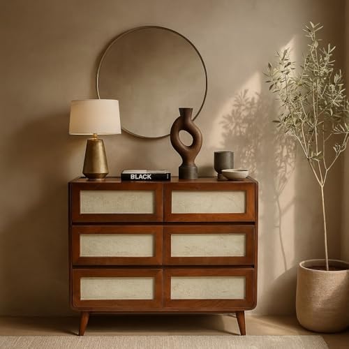 Image of Solid Wood Concerto Chest of Drawers | Wooden Storage Dresser with 6 Drawers | Finish Walnut Brown and Concrete
