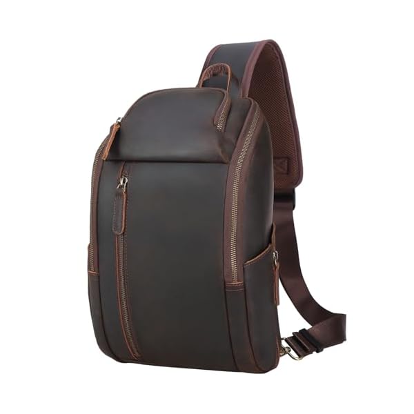 TIDING Genuine Leather Sling Bag Chest Pack for Men Casual Travel Shoulder Bag Sling Backpack fits 9.7" Tablet