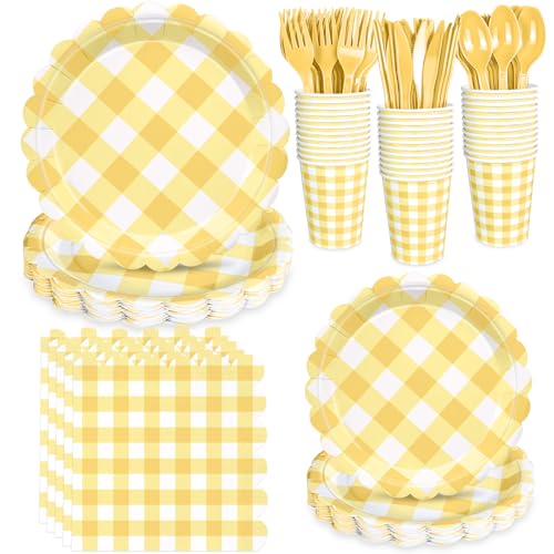 JCTHKUKU 175 Pcs Yellow Gingham Party Set