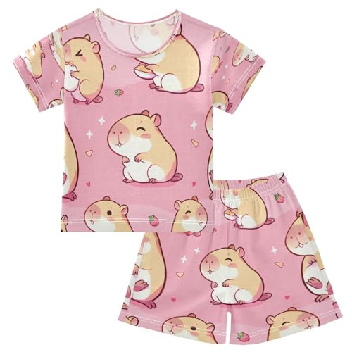 Pajama Sets Short Sleeve Kawaii Capybara Pink Cartoon Soft Cotton Summer Sleepwear 2 Piece PJS Size 5-14T