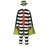 Egxpiujt Men's Hamburger Thief Cartoon Halloween Cosplay Outfit Striped Burglar Adult Costume Brimmed Hat with Tie and Mask (White, S)