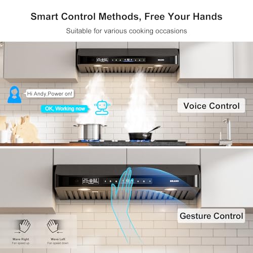 Image of BRANO 30 Inch Under Cabinet Range Hood with Voice /Gesture /Touch Control, 900 CFM Kitchen Hood with 4-Speed Exhaust Fan, Stainless Steel Stove Hood with LED Lights, Baffle Filters