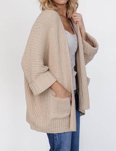 Athlisan Women's Oversized 3/4 Sleeve Open Front Knit Cardigan Outwear with Pockets2