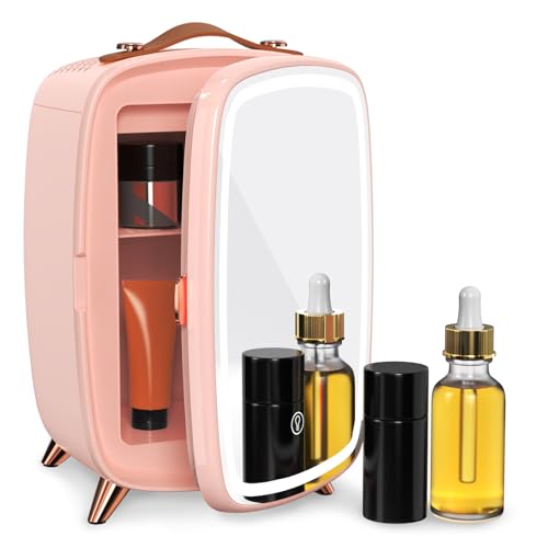 Image of JSTPRO Skincare Fridge, 6L Pink Makeup Fridge with Dimmable LED Light Mirror, Portable for Bedroom, Car, Office & Dorm