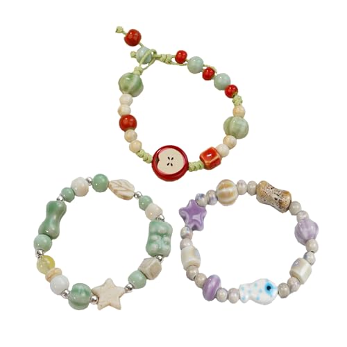 3 Pcs For Ceramic For Beaded Bracelet Vintage for Flower Glazed Bracelet Multicolor Elastic Handmade Simple Ethnic Style Hand Ch