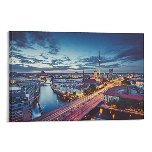 Canvas Wall Art Berlin Skyline With Dramatic Clouds At Dusk Canvas Prints Wall Art Paintings Artworks Pictures Posters For Living Room Bedroom Decoration, Gift For Wedding Christmas Mother's Day 16X2 #TOP10
