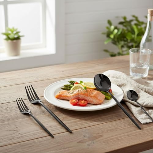 Image of 10 Pcs Black Cutlery Set for Dining Table the Perfect Lightweight Silim Handle Tableware Including Dinner Spoon, Dinner Fork, Dinner Knife, Dessert Spoon & Dessert Fork
