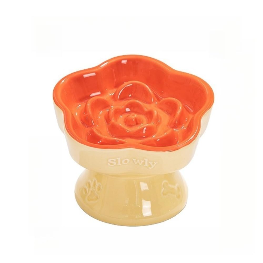 Raised Slow Feeder Cat Bowl, Ceramic Elevated Cat Food Bowl Small Dogs Slow Feeder Bowl, Cute Cat Bowl for Dry and Wet Food, 180ml (Petal slow food bowl, Mint green + orange)