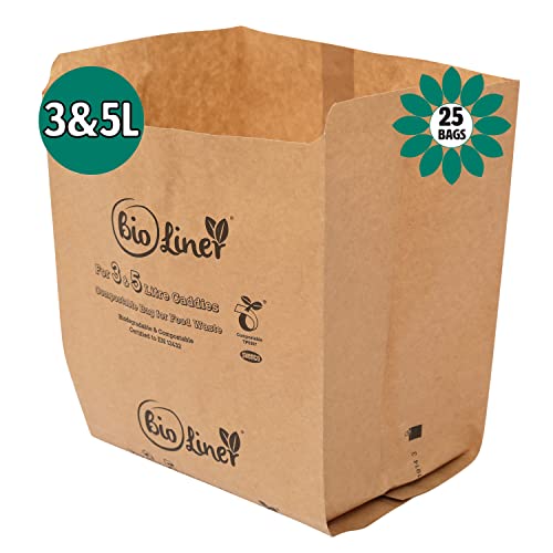 3L & 5L - 25 x Paper - Compostable Brown Caddy Food Waste Bin Liners/Bin Bags