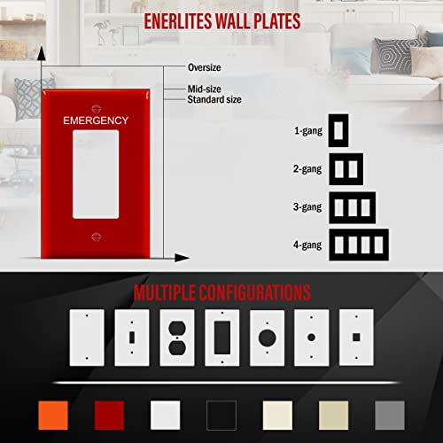 Image of ENERLITES Decorator Light Switch or Receptacle Outlet Wall Plate with Emergency Label, Mid-Size 1-Gang 4.88 inch x 3.11 inch, Unbreakable Polycarbonate Thermoplastic, UL Listed, 8831M-ER, Red