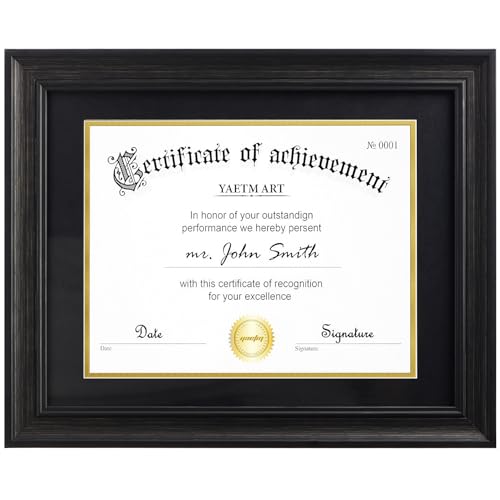 Yaetm 8.5x11 Diploma Frame | Certificate Frame with HD Tempered Glass, Display 8.5 x 11 with Black Over Gold Acid-free Mat or 11x14 Document without Mat, Wide Molding, Tabletop, (Single, Black)
